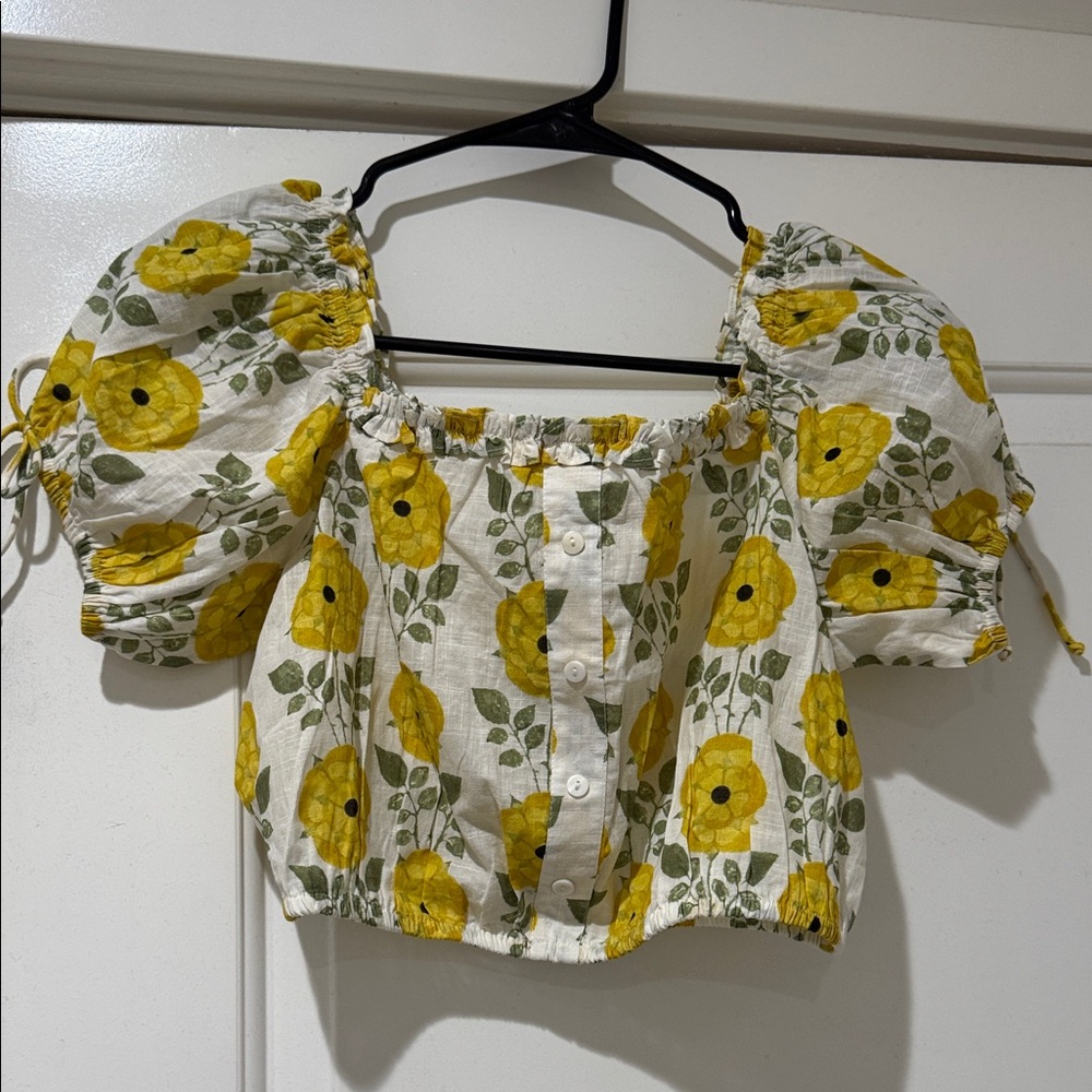 CELINA MOON Yellow Floral Puff Sleeve Blouse